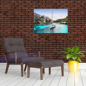 Tablou - Plajă cu barca cu pânze (70x50 cm)