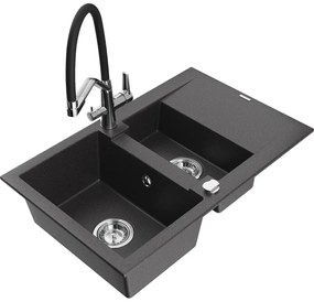 Mexen Gaspar chiuvetă de granit 1,5 camere cu picurător și baterie de bucătărie Duo, negru pătat - 6507-76-671701-07