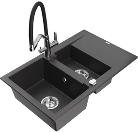 Mexen Gaspar chiuvetă de granit 1,5 camere cu picurător și baterie de bucătărie Duo, negru pătat - 6507-76-671701-07