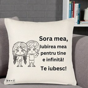 Cadou pentru Sora - Perna Personalizata Sora Mea Te Iubesc Copii Anime Line Art, 40x40 cm, Crem Reliefat, Husa Detasabila, Perna Inclusa, BEKZ®