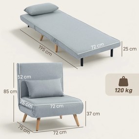 HOMCOM Fotoliu șezlong convertibil 3 în 1 pat fotoliu 1 loc spătar 5 poziții în material cu pernă, gri | Aosom Romania