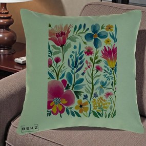 Perna Decorativa Gradina Florala Acuarela Colorata, 40x40 cm, Verde, Husa Detasabila, Perna Inclusa, BEKZ®