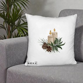 Perna Decorativa Lumanari cu Ilex si Conuri Ilustratie, 40x40 cm, Alb Pufos, Husa Detasabila, Perna Inclusa, BEKZ®