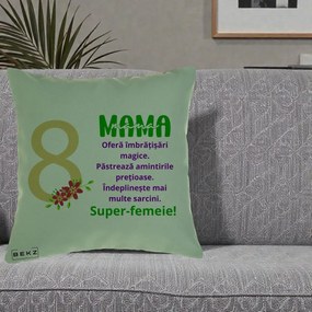 Cadou pentru Mama - Perna Personalizata Mama Super-Femeie cu Cifra 8 si Flori 8 Martie, 40x40 cm, Verde, Husa Detasabila, Perna Inclusa, BEKZ®