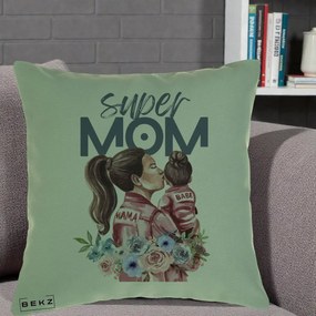 Cadou pentru Mama - Perna Personalizata Super Mom Mama cu Bebelusul, 40x40 cm, Verde, Husa Detasabila, Perna Inclusa, BEKZ®