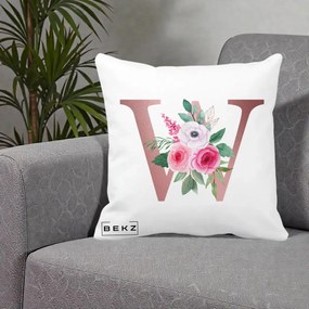Cadou Personalizat - Perna Personalizata Monograma Rose Gold Litera W cu Trandafiri si Anemona, 40x40 cm, Alba Mata, Husa Detasabila, Perna Inclusa, BEKZ®