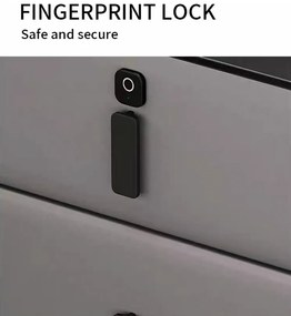 RESIGILAT- Noptieră inteligentă multifuncțională, 3 sertare, blocare cu amprentă, LED-uri tactile, 3 tipuri de culoare, încărcare fără fir, Difuzor Bluetooth, incarcare USB, sticla securizata, Gri