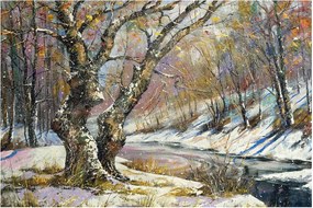 Tablou cu peisaj de iarnă pictat (90x60 cm)