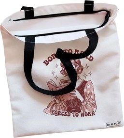 Sacosa de Panza pentru Cumparaturi, Geanta Tote, model Born to read, Forced to work, Cu fermoar, 38x34.5 cm, Alba, BEKZ®