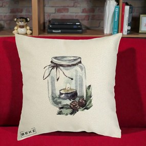 Perna Decorativa Felinar cu Lumanare si Conuri, 40x40 cm, Ecru, Husa Detasabila, Perna Inclusa, BEKZ®