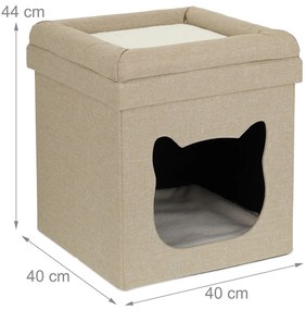 Culcus pentru pisici  aspect taburet tapitat doua zone de odihna 40 x 40 x 44 cm Crem