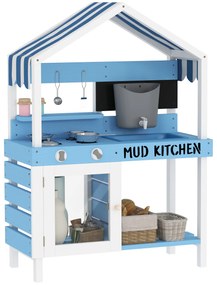 Bucătărie de exterior AIYAPLAY pentru copii cu acoperiș de soare, set de ustensile de bucătărie, lemn masiv, albastru | Aosom Romania