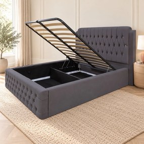 Pat tapițat Chesterfield din catifea Aveline Deluxe 140×200 cm, gri închis, cu ladă de depozitare