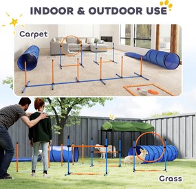 PawHut Set Agility pentru câini, 11 piese, echipament Agility pentru câini cu 2 tuneluri, înălțime reglabilă, cerc de sărit și obstacole, stâlpi slalom | Aosom Romania
