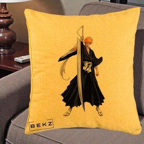 Perna Personalizata Bleach Ichigo Kurosaki Zangetsu, 40x40 cm, Galben, Husa Detasabila, Perna Inclusa, BEKZ®