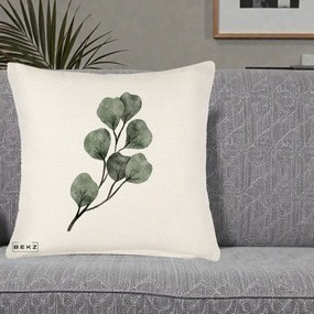 Perna Decorativa Ramura Eucalipt Acuarela, 40x40 cm, Crem Reliefat, Husa Detasabila, Perna Inclusa, BEKZ®