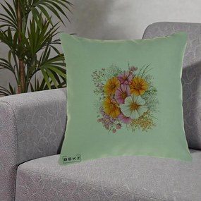 Perna Decorativa Buchet Cosmos Portocaliu Roz si Alb, 40x40 cm, Verde, Husa Detasabila, Perna Inclusa, BEKZ®