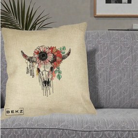 Perna Decorativa Craniu Boho Floral, 40x40 cm, Crem, Husa Detasabila, Perna Inclusa, BEKZ®