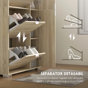 HOMCOM Etajeră pentru Pantofi cu Oglindă, 4 Sertare Rabatabile și 2 Dulapuri, 82x30x168 cm, Culoare Stejar | Aosom Romania
