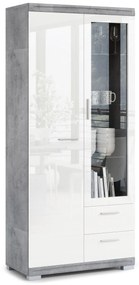 Mazzoni Comodă înaltă SIMPLE KWD2SZ2 Beton Millennium/Alb Luciu - VITRINĂ LIVING DULAP CU RAFTURI