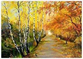 Tablou pe sticlă - Alee romantică de-a lungul apei, pictură în ulei (70x50 cm)