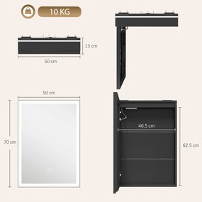 HOMCOM Dulap de Baie cu Oglindă și LED, 3 Culori, 50x70 cm, Soft-Close, Priză, Rafturi Reglabile, Negru | Aosom Romania
