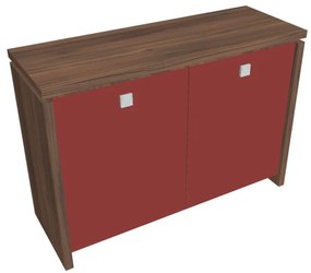 Dulap mic Verno 128 x 46 x 90 cm, uși de sticlă, nuc / roșu
