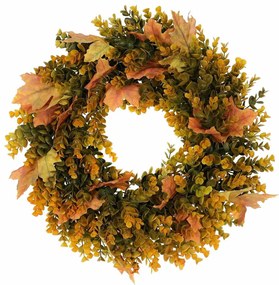 Coroană artificială de toamnă din eucalipt șifrunze de arțar, diametru 40 cm, portocaliu-verde