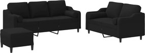 vidaXL Set de canapele cu perne, 3 piese, negru, textil