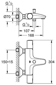 Baterie cada cu termostat Grohe Precision Start, diverter, protectie reflux, filtru impuritati, garnitura ceramica, crom-34598000