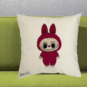 Perna Personalizata Labubu Rosu-Visiniu Solo, 40x40 cm, Ecru, Husa Detasabila, Perna Inclusa, BEKZ®