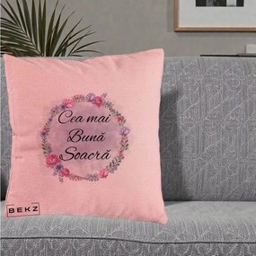 Cadou pentru Soacra - Perna Personalizata Cea mai Buna Soacra cu Coronita Flori Roz si Mov, 40x40 cm, Roz, Husa Detasabila, Perna Inclusa, BEKZ®