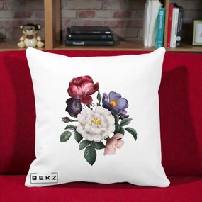 Perna Decorativa Buchet Trandafiri Bujori Botanical, 40x40 cm, Alba Mata, Husa Detasabila, Perna Inclusa, BEKZ®