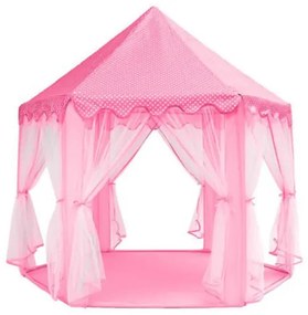 Cort de joaca pentru copii, hexagonal, cu perdele, roz, 135x135x140 cm
