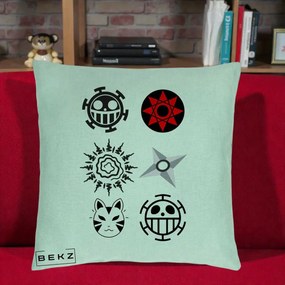 Perna Personalizata Simboluri Anime Mix - Naruto One Piece, 40x40 cm, Verde Menta, Husa Detasabila, Perna Inclusa, BEKZ®