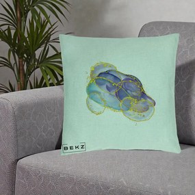 Perna Decorativa Abstract Acuarela Albastru-Mov cu Cercuri Aurii, 40x40 cm, Verde Menta, Husa Detasabila, Perna Inclusa, BEKZ®