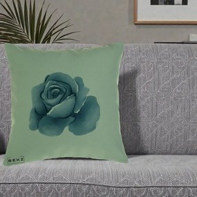 Perna Decorativa Trandafir Albastru Acuarela, 40x40 cm, Verde, Husa Detasabila, Perna Inclusa, BEKZ®