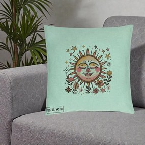 Perna Decorativa Soare Retro Boho Floral, 40x40 cm, Verde Menta, Husa Detasabila, Perna Inclusa, BEKZ®