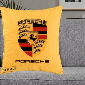 Perna Personalizata Porsche Stuttgart, 40x40 cm, Galben, Husa Detasabila, Perna Inclusa, BEKZ®