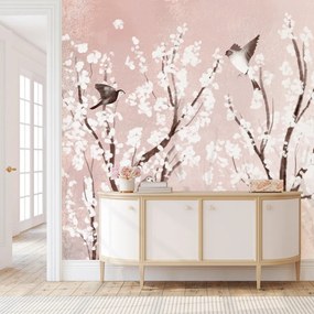 Fototapet - Copaci cu flori albe - păsări în crengi primăvăratici - roz