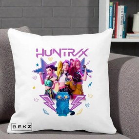 Perna Personalizata K-pop HUNTRX Trio 3D cu Pisica Fulgere, 40x40 cm, Alba Mata, Husa Detasabila, Perna Inclusa, BEKZ®