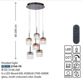 Lustra LED Smart cu telecomanda, CCT, 6 pendule, sticla, multicolor, Q-KON