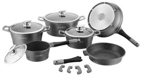 Set oale si tigai Royalty Line RL-ES1014M, Aluminiu turnat, 14 piese, Acoperire marmura, Argintiu