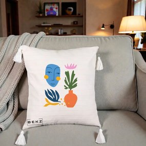 Perna Decorativa Masca Botanica Abstracta, 40x40 cm, Bej cu Franjuri, Husa Detasabila, Perna Inclusa, BEKZ®
