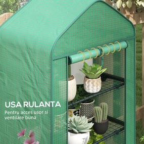 Outsunny Seră de Grădină în 4 Niveluri cu Ușă Rulantă, Seră Mica din Metal &amp; PE, 69x49x158 cm, Verde Închis | Aosom Romania