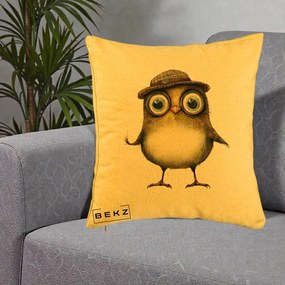 Perna Decorativa Pui Intelectual cu Palarie Tweed, 40x40 cm, Galben, Husa Detasabila, Perna Inclusa, BEKZ®