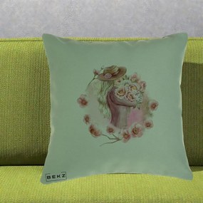 Perna Decorativa Femeie cu Flori Roz Acuarela, 40x40 cm, Verde, Husa Detasabila, Perna Inclusa, BEKZ®