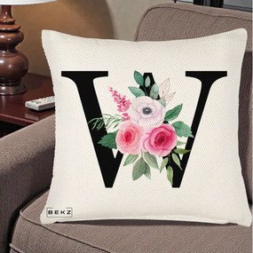 Cadou Personalizat - Perna Personalizata Monograma Florala Litera W cu Trandafiri si Anemona, 40x40 cm, Crem Reliefat, Husa Detasabila, Perna Inclusa, BEKZ®