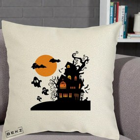 Perna Decorativa Halloween Casa Bantuita cu Fantome, 40x40 cm, Ecru, Husa Detasabila, Perna Inclusa, BEKZ®