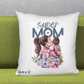 Cadou pentru Mama - Perna Personalizata Super Mom Mama cu Bebelusul, 40x40 cm, Alb Pufos, Husa Detasabila, Perna Inclusa, BEKZ®
